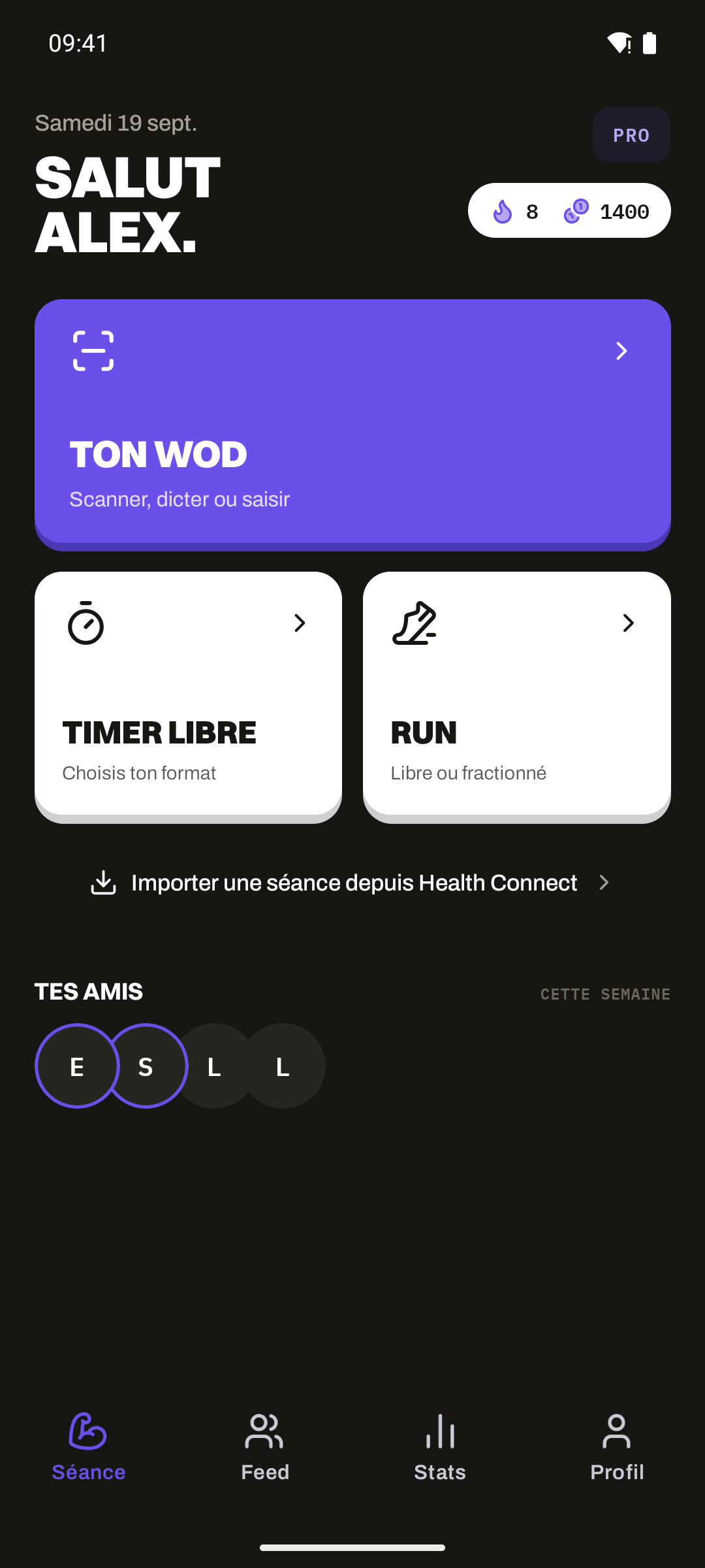Onglet Séance Yskorr sur Android : une carte WOD, puis Timer libre et Run, avec le profil Alex, en thème sombre