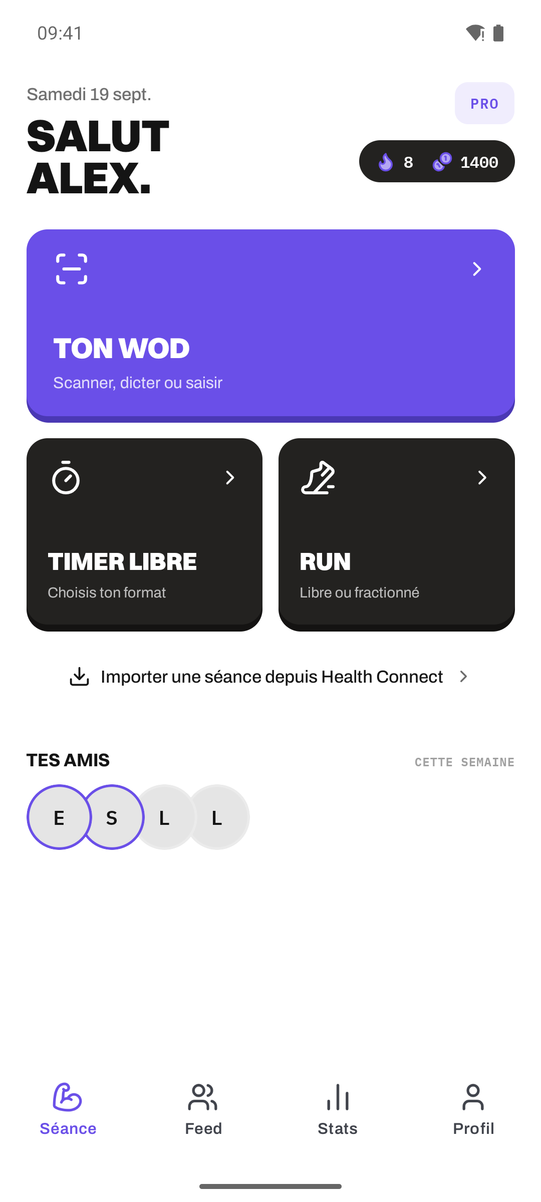 Onglet Séance Yskorr sur Android : une carte WOD, puis Timer libre et Run, avec le profil Alex