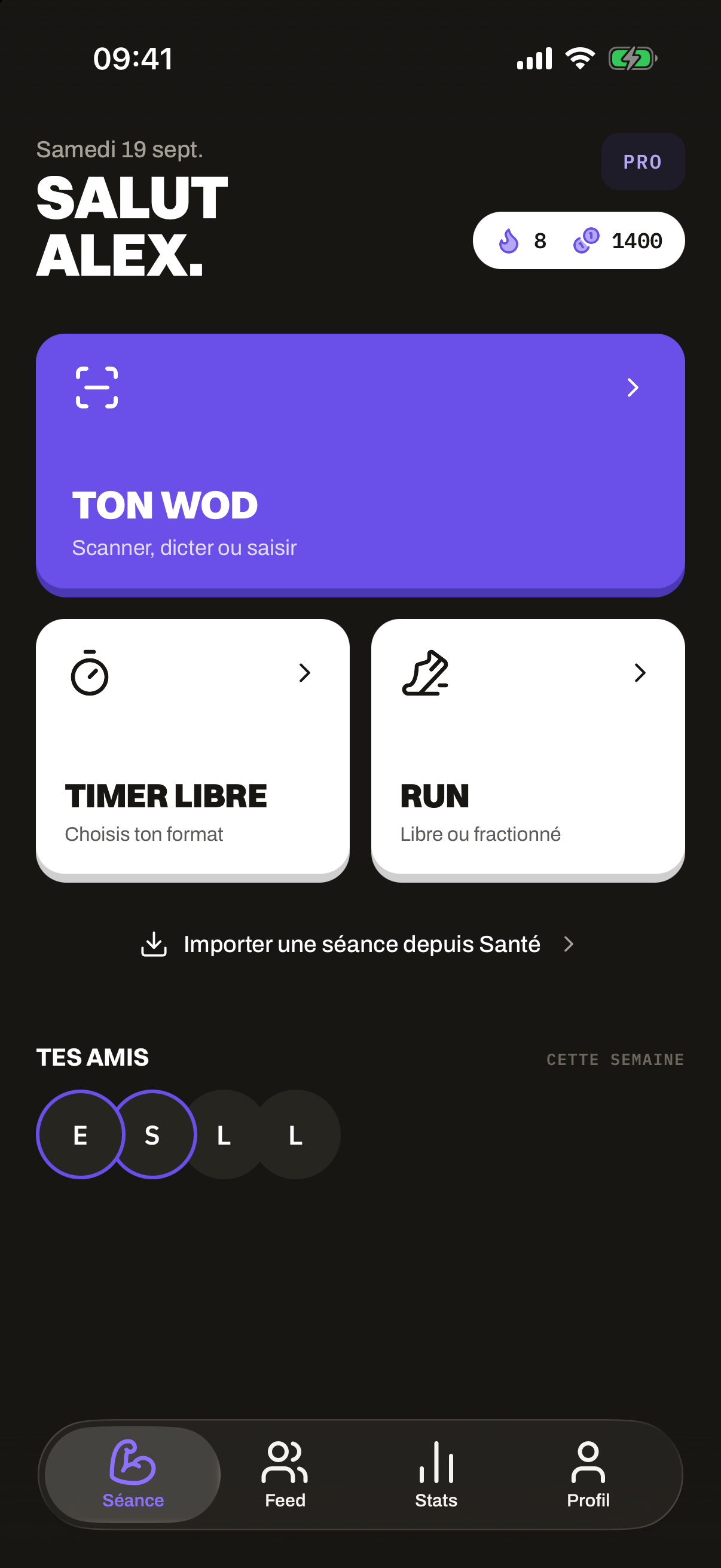 Onglet Séance Yskorr sur iPhone : une carte WOD, puis Timer libre et Run, avec le profil Alex, en thème sombre