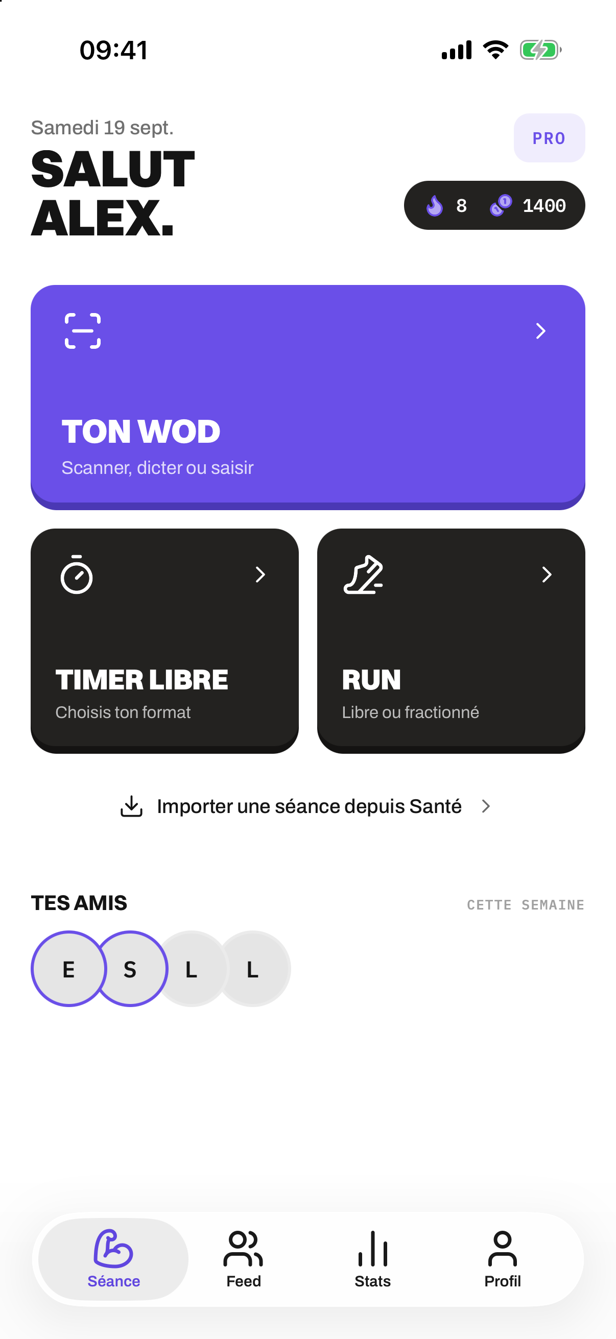 Onglet Séance Yskorr sur iPhone : une carte WOD, puis Timer libre et Run, avec le profil Alex